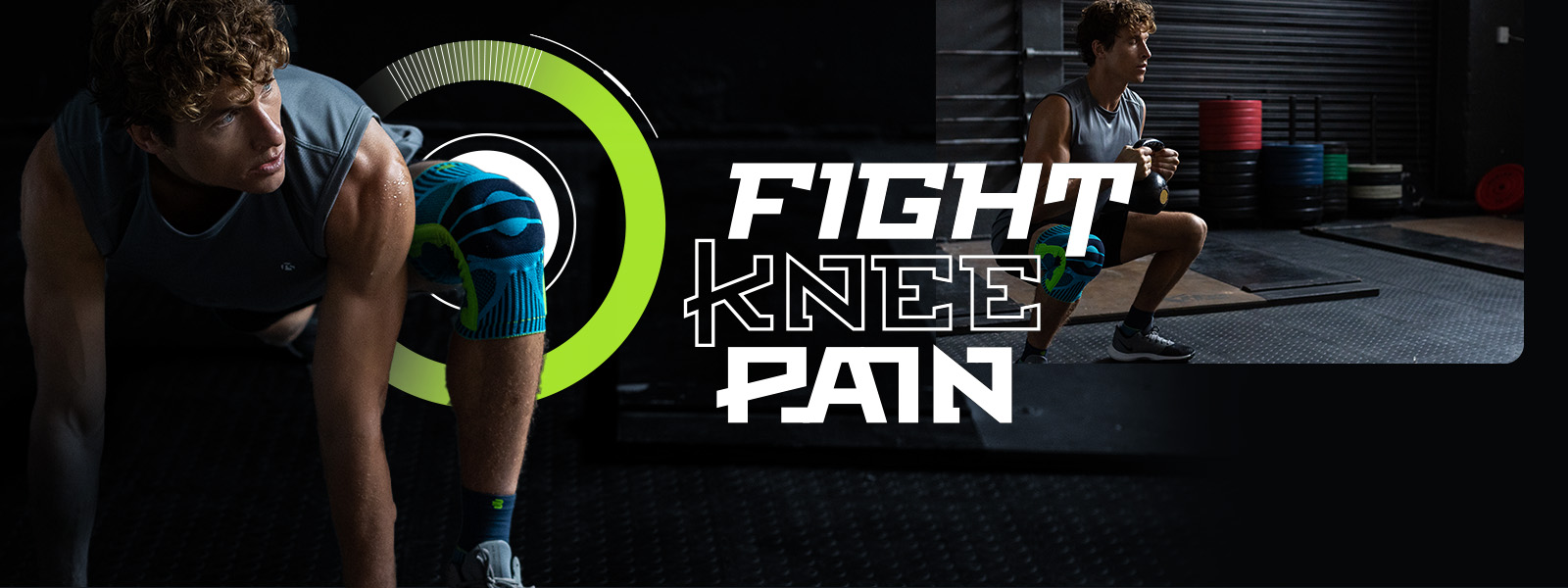 Fight Knee Pain Promo Banner with a man who does fitness exercises with whom he wears a kneege