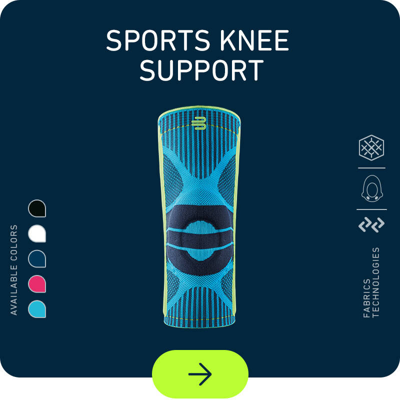 Sports Knee Support on a dark blue background with coloricons on the left and technology icons on the right