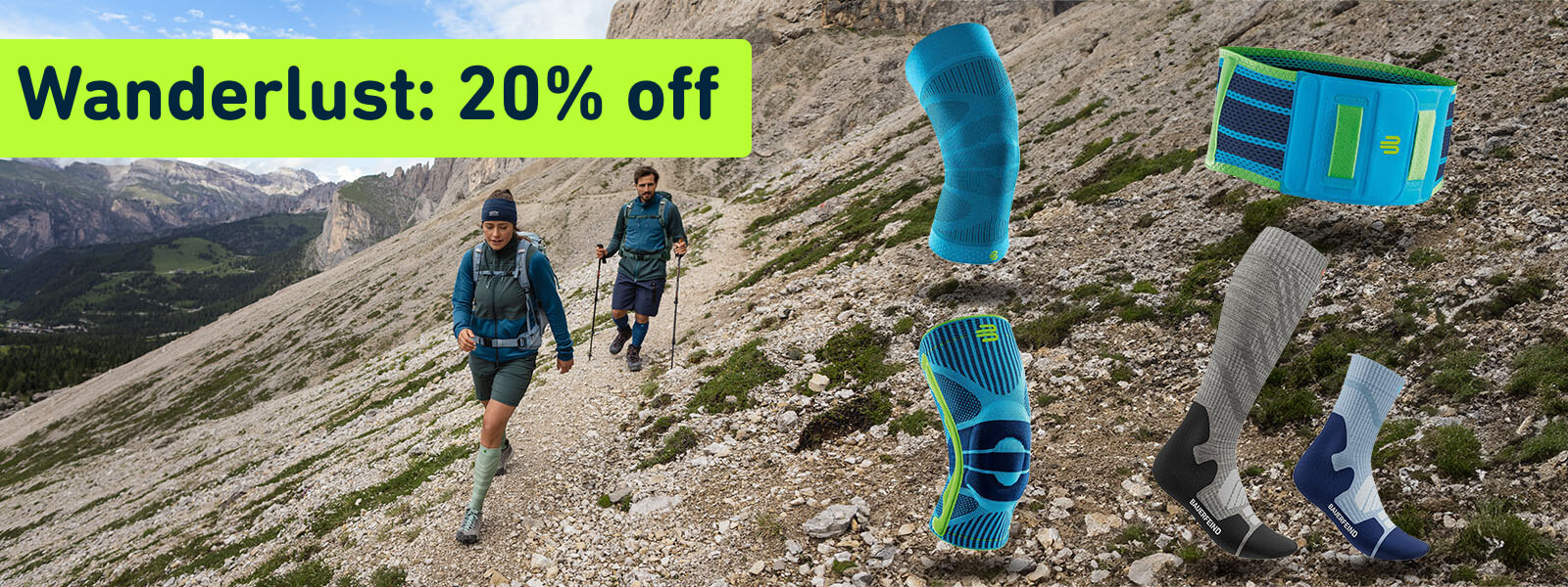  A banner for a hiking products discount promotion featuring two hikers and various products.
