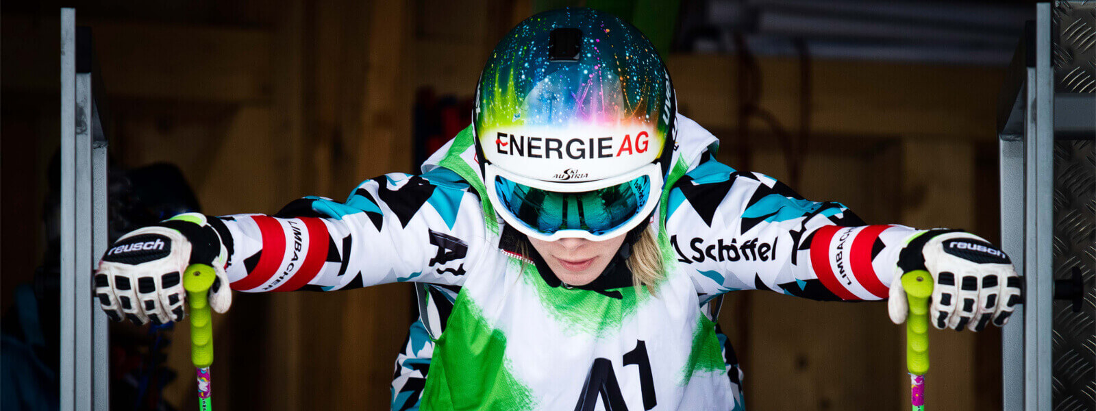 The Austrian ski racer Andrea Limbacher in the starting house at Ski Cross looks concentrated