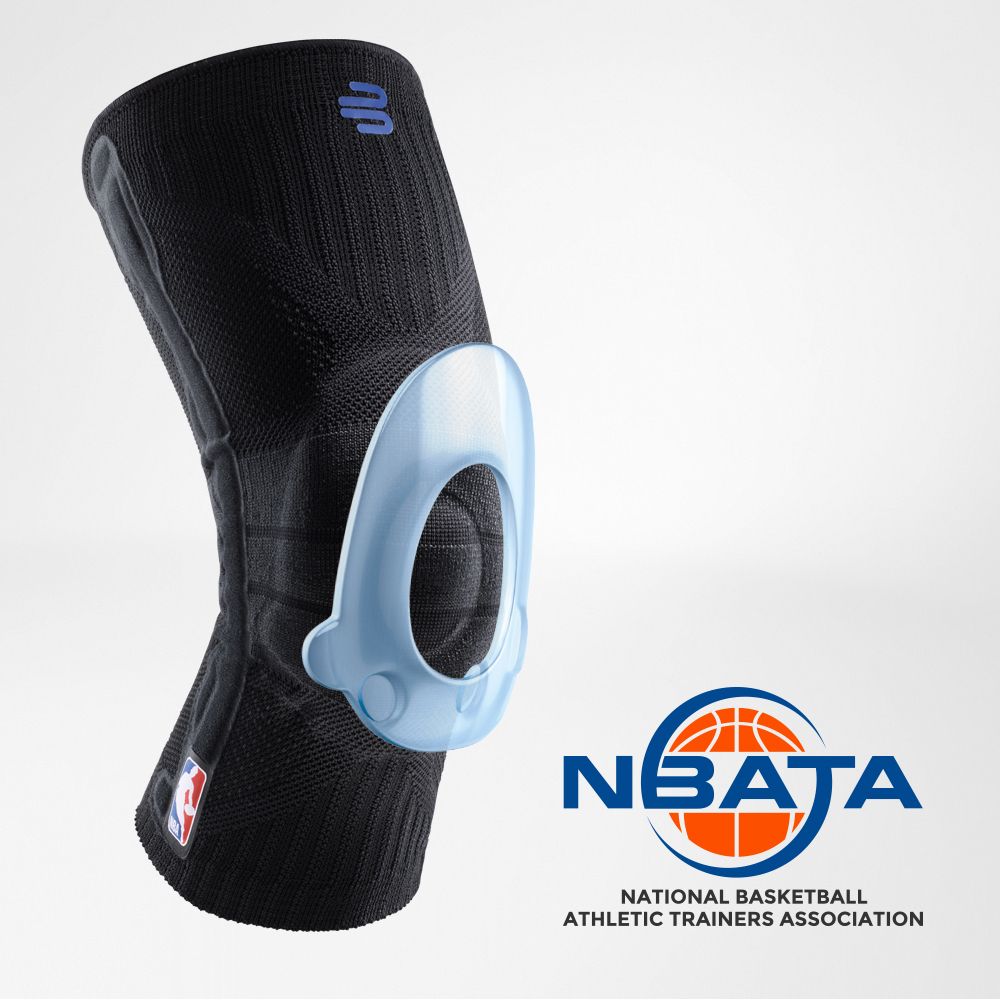 Complete view of the Black Knee Support NBA with an additional NBATA logo and pelotte in the picture