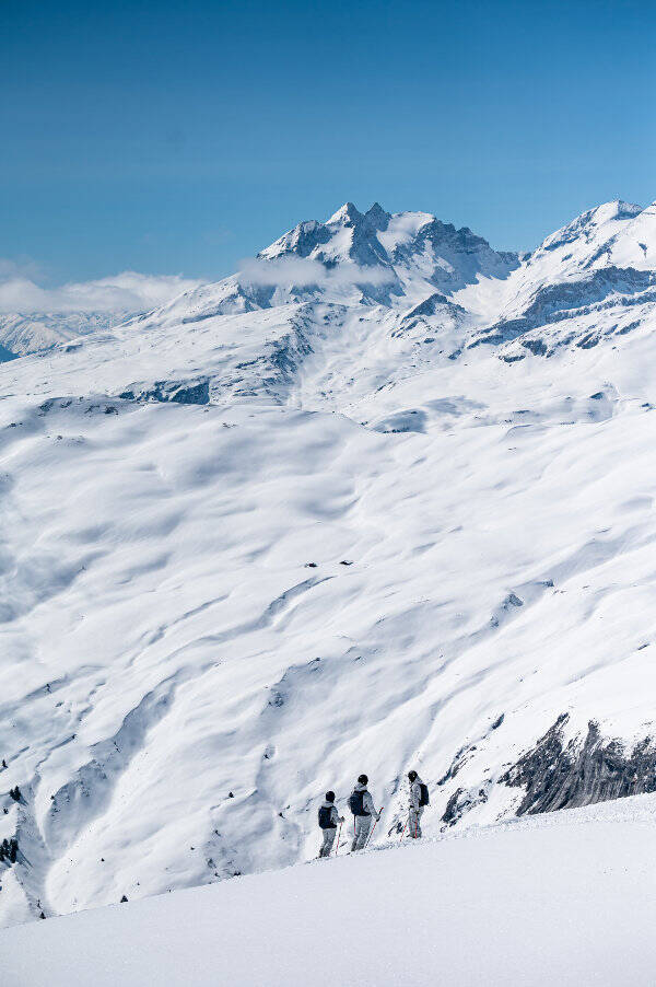 Snow covered alpine panorama in front of it can be seen three skiers with backpacks