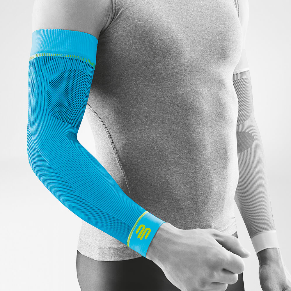 Complete view of the Rivera Color Compression Sleeves for the arm on the stylized gray body