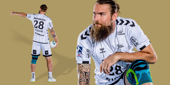 Handball player from the THW Kiel in image assembly from front and back with the Sports Knee Support