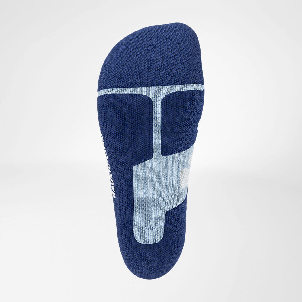 View of the merino hiking socks from below in light blue