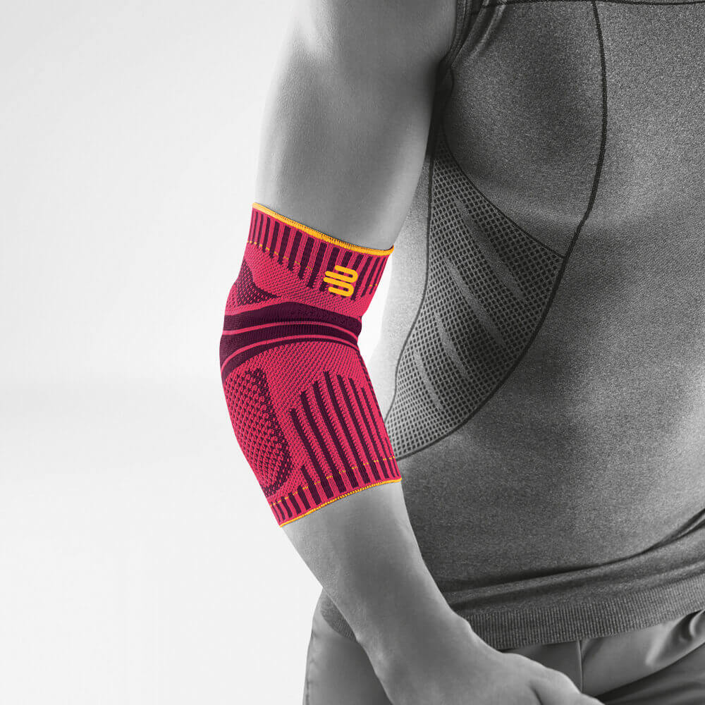 Complete view of the pink sports bandage for the elbow on the stylized gray body