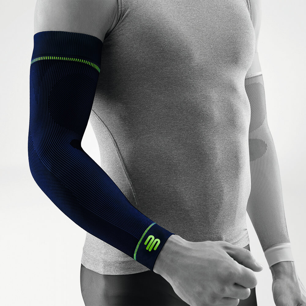 Complete view of the dark blue compression Sleeves for the arm on the stylized gray body