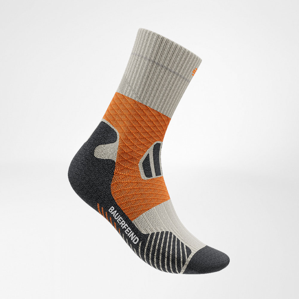 Side view of the gray -orange medium -length trail run - running socks