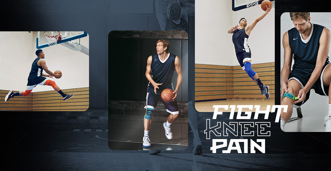 Picture collage with Dirk Nowitzki and other basketball players for basketers with text logo "Fight Knee Pain"