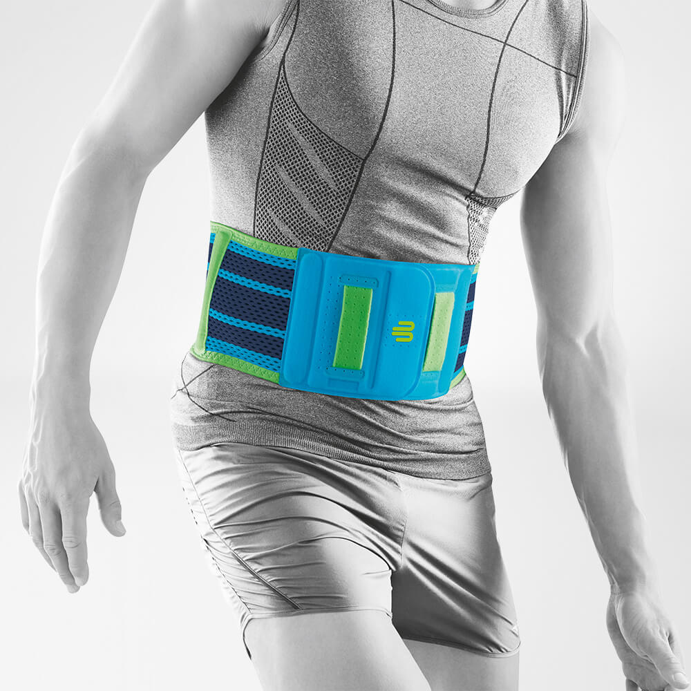 Front view of a rivera colored sports bandage for the back on a stylized gray body