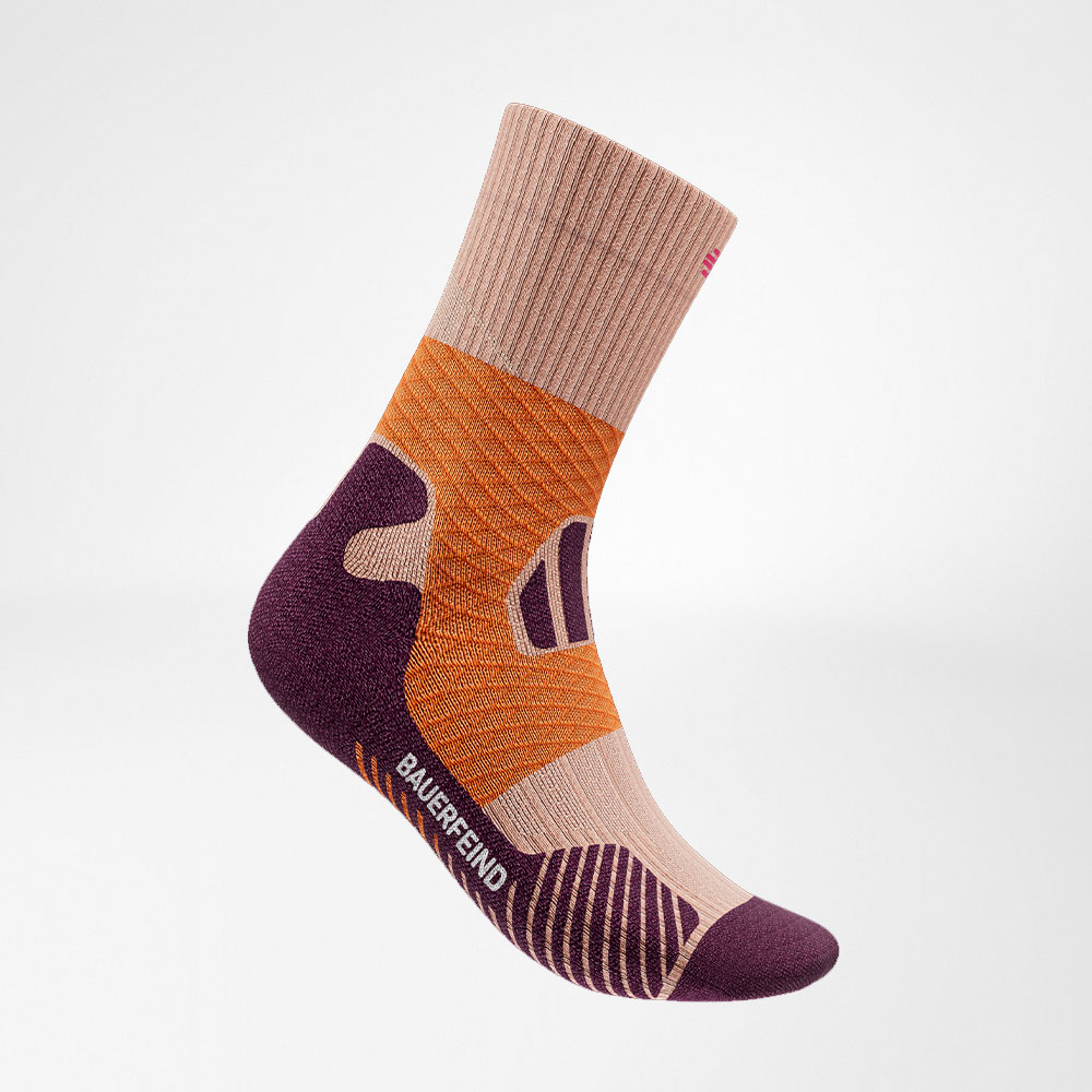 Side view of the purple orange medium -length trail run - running socks