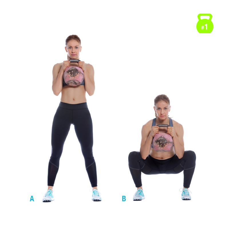 Woman makes a goblet squat with the kettlebell
