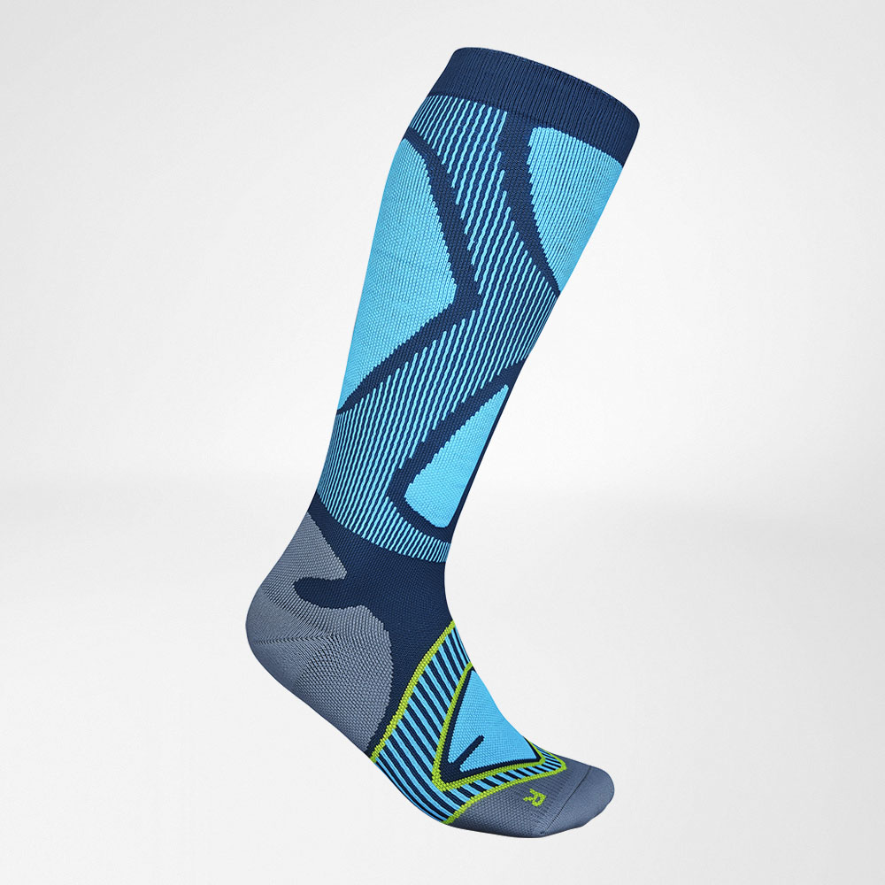 Side view of the blue sports socks to ski