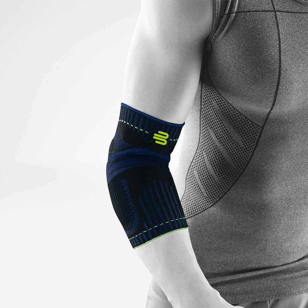 Complete view of the black sports bandage for the elbow on the stylized gray body
