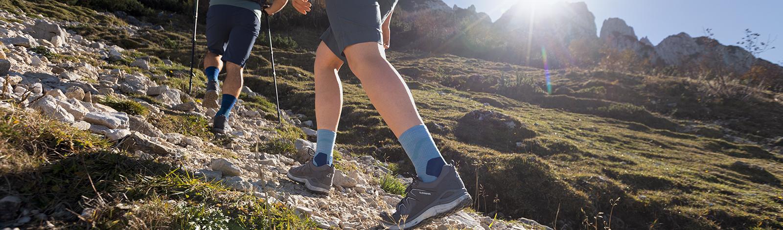 Two hikers with medium -length blue hiking socks go up a rubble path in an idyllic green mountain landscape