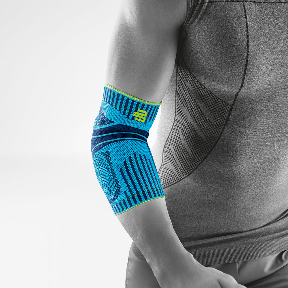 Complete view of the Rivera Color Sports Band for the elbow on the stylized gray body