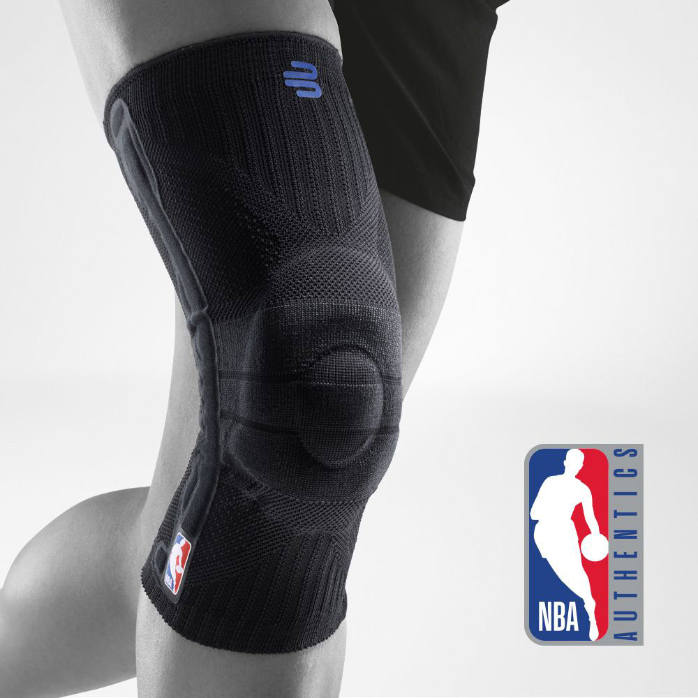 Complete view of the Black Knee Support NBA on the stylized gray body with an additional NBA logo in the picture