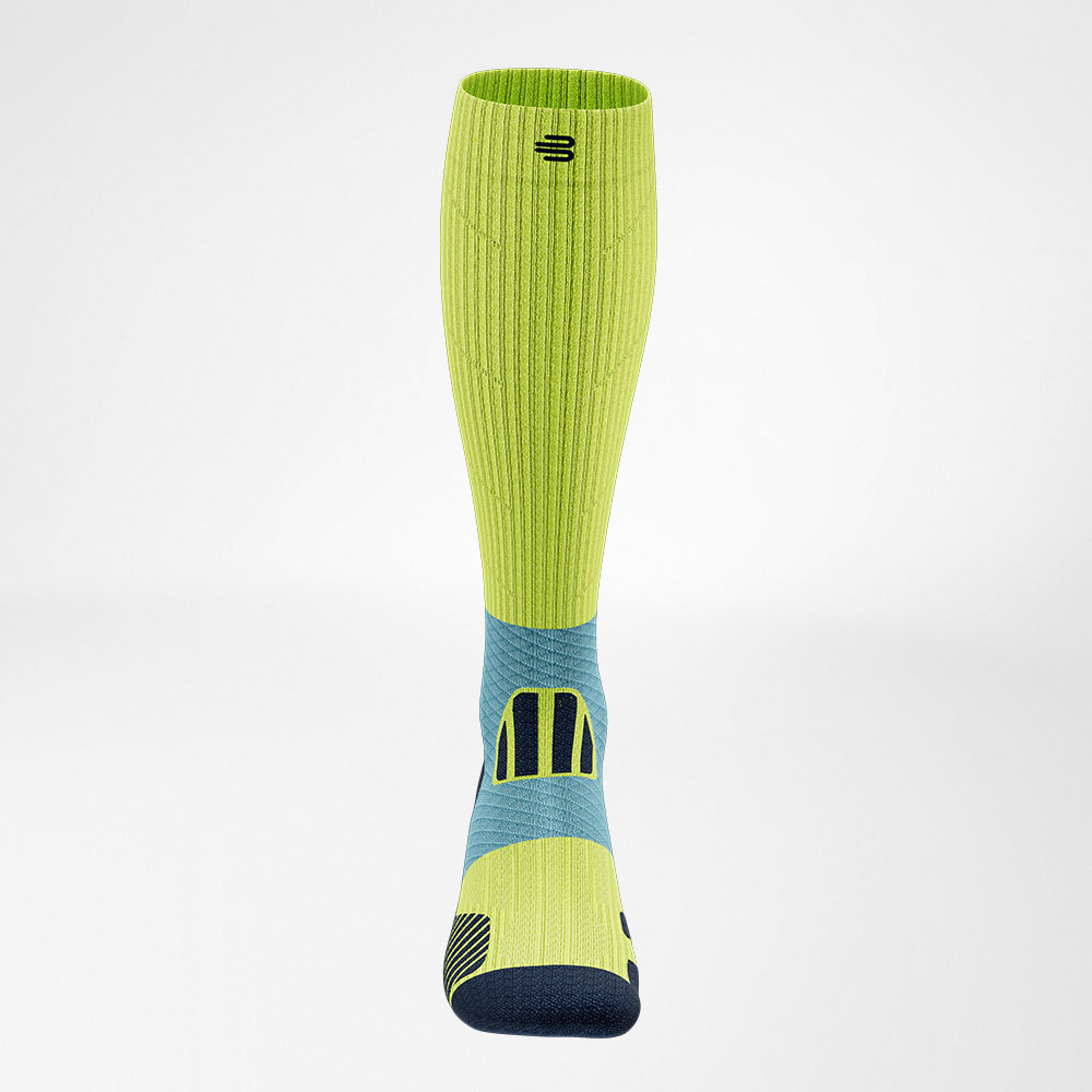 The front view of the blue -yellow trail run - running socks