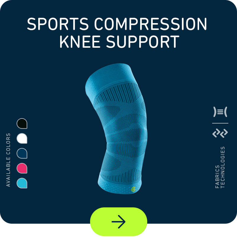 Sports Compression Knee Support on dark blue background with colors on the left and technology icons on the right