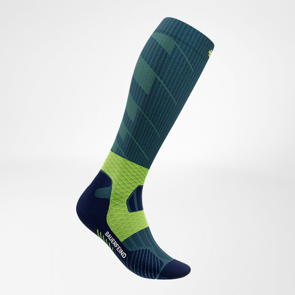 Lateral front view of the blue -green trail run - running socks