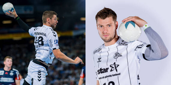 Two -part picture with handball player Niclas Ekberg in action during a game and in peace with a ball posing