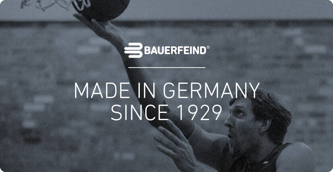 Dirk Nowitzki The Bauerfeind logo and the text "Made in Germany Since 1929" at the basket in black and white above