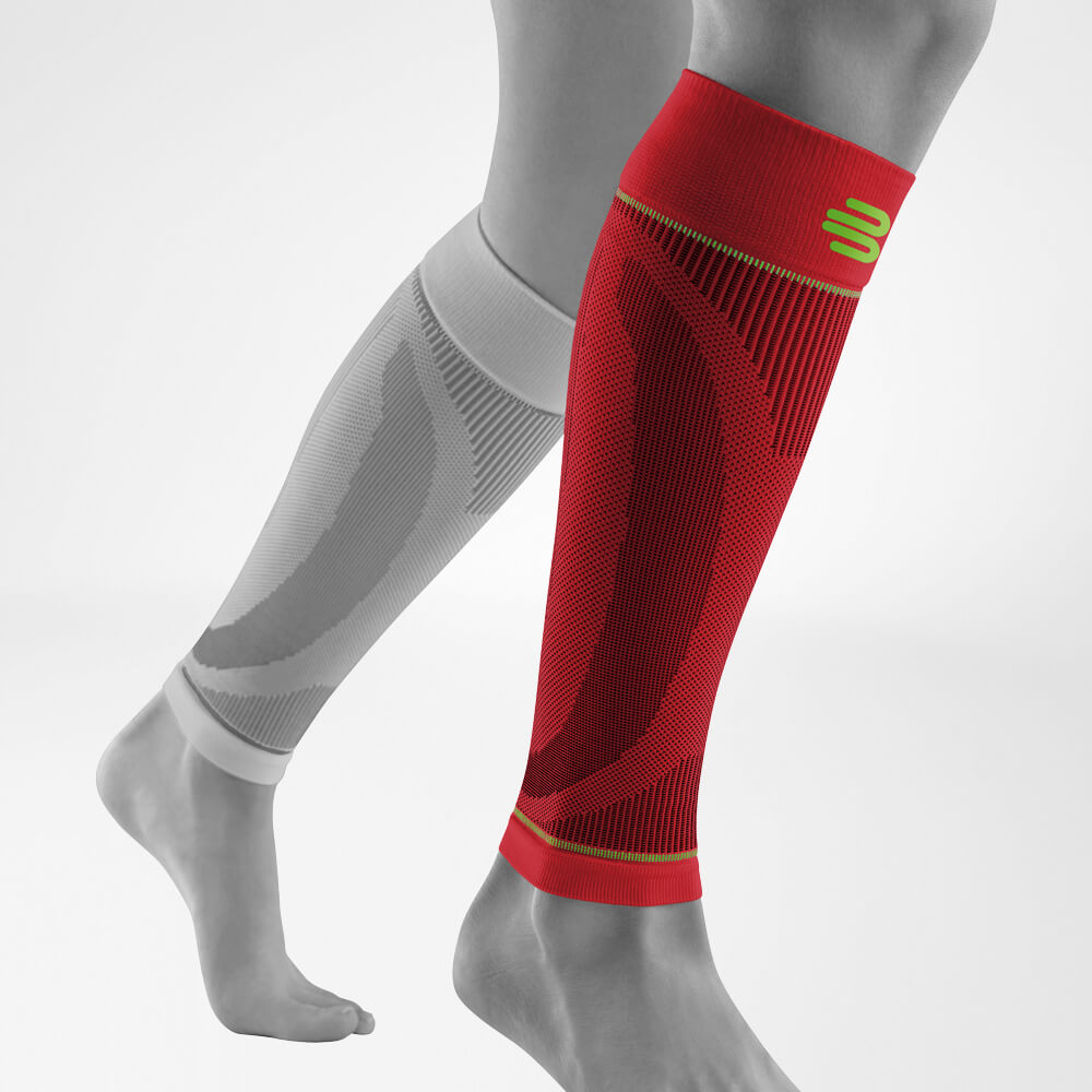 Complete view of the red lower legs Sport Sleeves on the stylized gray leg
