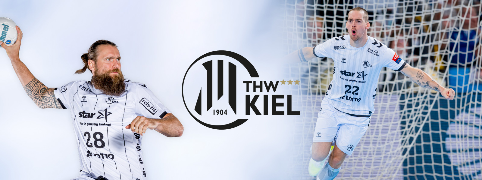Two -divided picture of THW Kiel Handballer with a beard at the litter on the left and other players when cheers in the field on the right in between, the logo of the club