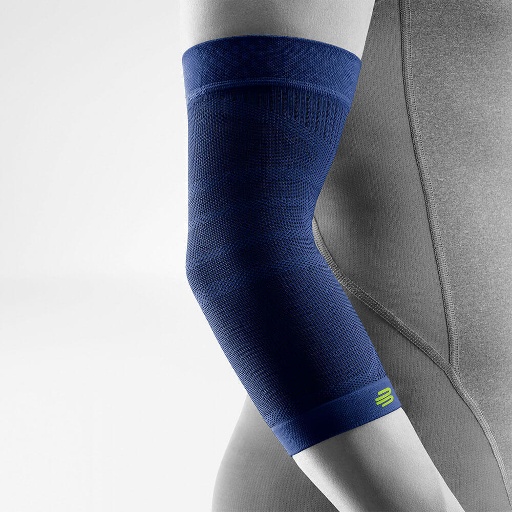 Complete view of the dark blue sportsleev for the elbow on the stylized gray body