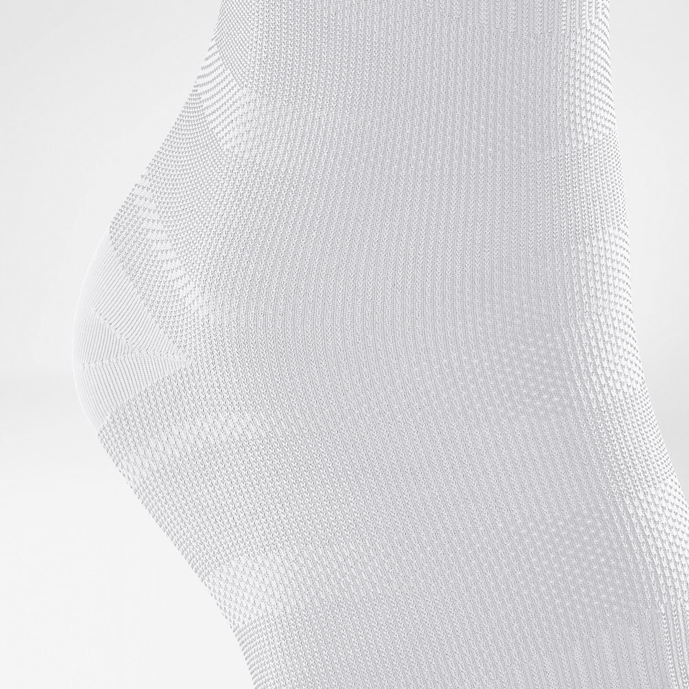 Detailed view of the knitting course of the white sports leeva for the ankle