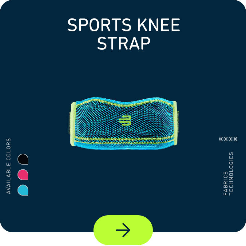 Sports Knee Strap on dark blue background with coloricons on the left and technology icons on the right