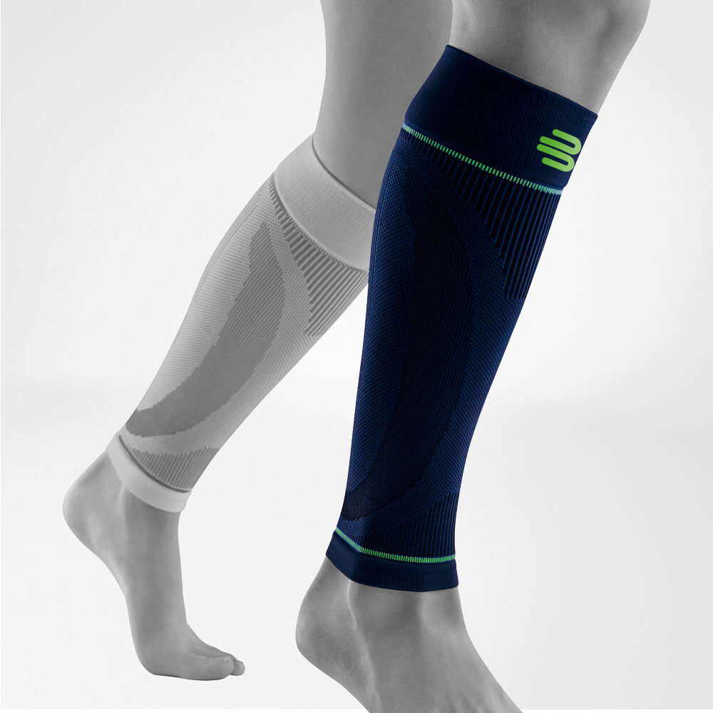 Complete view of the blue lower legs Sport Sleeves on the stylized gray leg