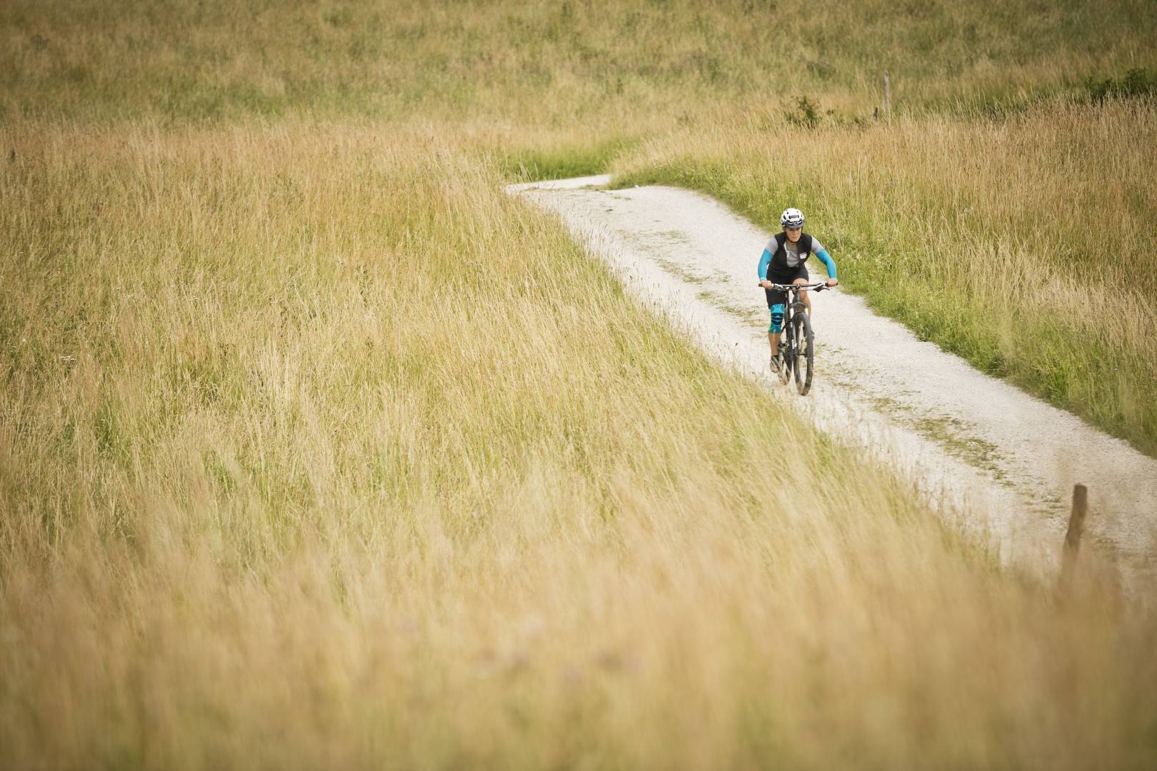 Woman with Armsleeves and knee band in the background of the image runs on a mountain bike over a path between high grass