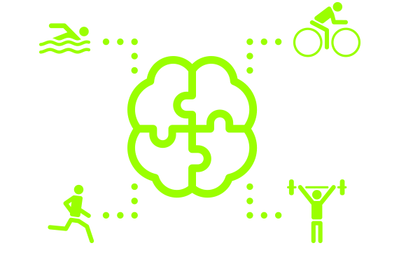 Green graphics with icons for swimming cycling and weight lifting that are brought together in a kind of brain in the middle