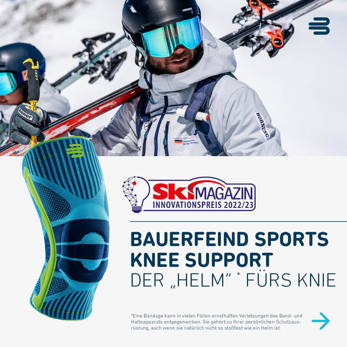 Image collage: Skiers wear his skis on the shoulder at the top and knee band with award logo and text below