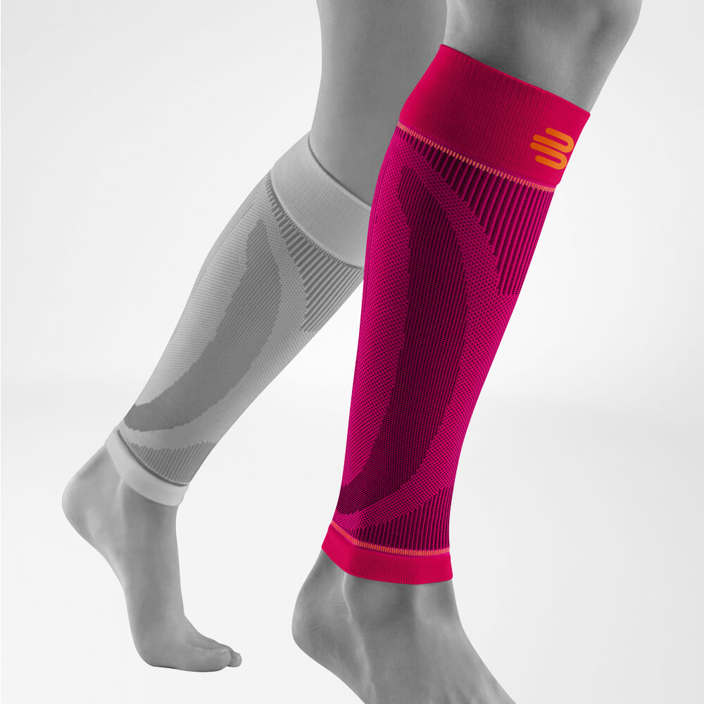 Complete view of the pink lower legs Sport Sleeves on the stylized gray leg